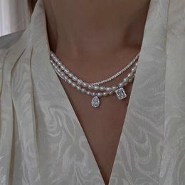 Korean Style Zircon Silver Colour Drop Pendant Geometric Natural Freshwater Pearl Clavicle Chain Necklace Women Necklaces220q