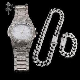 Luxury Gold Colour Watch Crystal Miami Out Cuban Chain Gold Silver Men Watch & Necklace & Bracelet Hip Hop Jewerl For Men 2CM236j