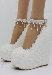 Pink Blue White Lace Wedding Shoes with Beading Buckle Straps Wedge Heel Fashion Women Pumps 4 Inches High Heel Bridesmaid Shoes9688451