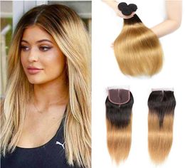 Cheap Peruvian Ombre Virgin Hair Weaves With Closure 1b 27 Straight Blonde Lace Closure With Bundles Ombre Two Tone Human Hair Ext7827537