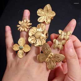 Cluster Rings HangZhi Chunky Large Gold Colour Sun Flower For Women Geometric Stainless Steel Vintage Wide Wedding Jewellery 2024 Trend