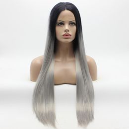 Iwona Hair Straight Extra Long Dark Root Grey Ombre Wig 2210906 Half Hand Tied Heat Resistant Synthetic Lace Front Wigs6961305