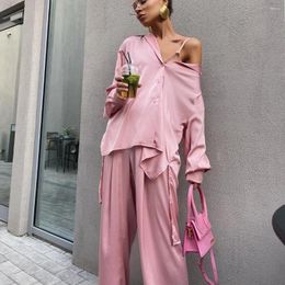 Women's Two Piece Pants Women Two-piece Pink Satin High Waist Elegant Long Sleeve Shirt Casual Wide Leg Loose Lapel Single-breasted Suit