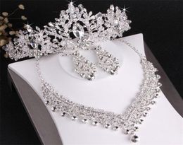 Bride wedding crown necklace earrings threepiece set designer white crystal jewelry set handmade fine craft headpieces6877367