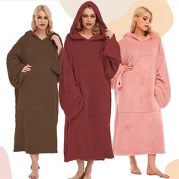 Women's Sleepwear Clothing Autumn And Winter Long Sleeve Plush Home Clothes Hooded Solid Colour Loose Sleeping