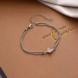 Link Bracelets Korea Fashion Cute Silver Colour Double Layer Butterfly Pendant Bracelet For Women Luxury Crystal Zirconia Shiny Bangle