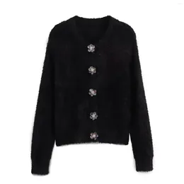 Women's Knits UETEEY Black Faux Fur Effect Knitted Coat Flower Buttons Jacket Winter Rare 2024 Autumn Woman Tops Cardigan Y2k