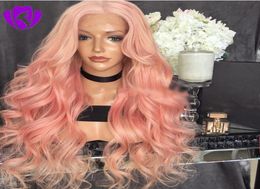 30inches long body wave peach pink synthetic lace front wigs for women with middle parting glueless heat resistant Fibre hair9973939