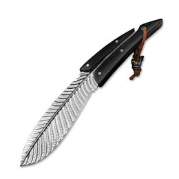 Feather Pattern Damascus Steel Fixed Blade Knife Full Tang Tactical Hunting knife with Leather sheath