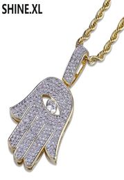 Hip Hop Evil Eye Hand Hamsa Pendant Necklace Womens Gold Colour Plated Iced Out Micro Paved CZ Chain3873388