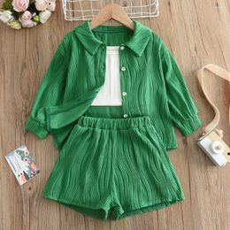 Clothing Sets 2024 Set Girls Long Sleeve Turn-down Collar T-shirt Green Shorts Cute 3 Pcs Casual Clothes 8-12T