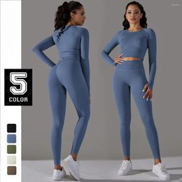 Active Sets Workout Womens Gym Set Seamless Solid Long Sleeved Yoga Pants Running Fitness Suit Wear Sports Two-piece Outfit