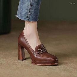 Dress Shoes FHANCHU 2024 Cowhide Leather Women Platform High Heels Square Toe Slip On Retro Style Brown Black Size 34-39 Dropship