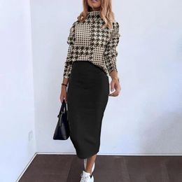 Work Dresses 2Pcs/Set Autumn Winter Women Plaid Print Outfit Turtleneck Long Sleeve Tops High Waist Hip Wrapped Skirt Set