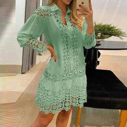 Casual Dresses Spring Long Sleeve Button Office A-Line Dress Women Lace Lapel Solid Party Elegant Hollow Embroidered Mature