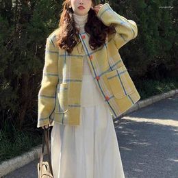 Women's Jackets Korean Loose Plaid Coat For Women O Neck Pocket Jacket 2024 Autumn Winter Outwear