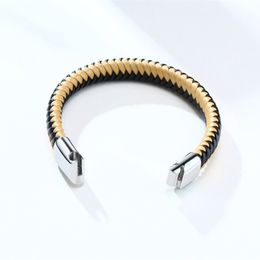Men's Stainless Steel Yellow and Black Leather Double Woven Microfiber Fashion Bangle 11mm 8inch 369