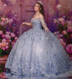 Sky Blue Quinceanera Dresses 2024 With Detached Cape Off Shoulder Crystal Princess Sweet 15 16 Dress Prom Gowns