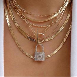 Iced Out Pendant Lock Chain Necklaces New Fashion Design Multi Layer Choker Necklace for Girls Women Rhinestone Hip Hop Jewelry Gi197G
