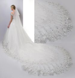 Cathedral Length Lace Appliques Wedding Veils Tulle Long Rhiinestones Sequins white ivory tulle Bride Veil custom made3415977