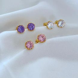 Stud Earrings Sweet And Cute Girl Gold Plated Round Cup Inlaid With Brilliant Pink White Purple Super Immortal