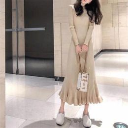 Casual Dresses Korean Knitted One-piece Sweater Dress Women Autumn Winter High Elastic Long Female Slim Wear Woollen Pleated Y2k