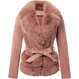 Women's Velvet Jacket Motorcycle Short With Detachable Belt Padded and Thickened Leather Coat Autumn and Winter Biker Lamb Fur Loose 6OD6Z