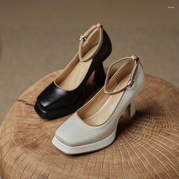 Dress Shoes 2024 Spring Women Pumps Natural Leather 22-24.5cm Length Cowhide Pigskin Buckle Mary Jane High Heel Ankle Strap