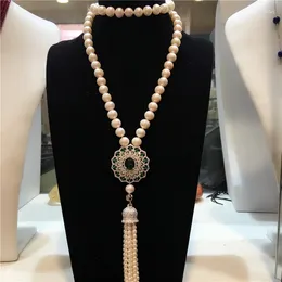 Choker Sell Natural 8-9mm White Freshwater Pearl Necklace Long Micro Inlay Zircon Clasp Sweater Chain Tassel Fashion Jewellery