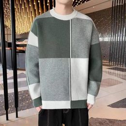 Men's Sweaters Loose Fit Men Sweater Geometric Print Colorblock Knitted For Fall Winter Thick Warm O Neck Pullover With Long