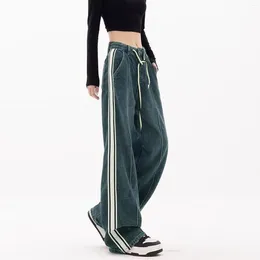 Women's Jeans Low Rise Y2K Baggy Retro Striped Contrast Color Lace Up Washed Denim Trousers Spring Autumn Wide Leg Pants