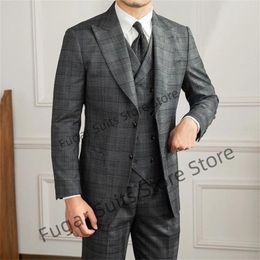 Men's Suits Classic Grey Houndstooth Men Slim Fit Formal Wedding Groom Tuxedos 3Pieces Sets Business Jacket Double-breasted Vest Pants