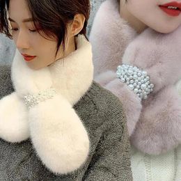 Scarves Women Winter Warm Thicken Scarfs Solid Colour Pearl Faux Fur Plush Cross Collar Scarf Shawl Elegant Soft Gifts