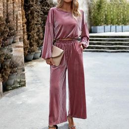 Women's Two Piece Pants Women Casual Pantsuit Long Sleeve Suit Velvet Stretch High Waist Loose Solid Colour