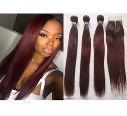 Ombre Color 1B99J Red Straight Hair 3 Bundles With 4x4 Lace Closure Brazilian Peruvian Malaysian Virgin Human Hair Weaves with Cl3241666