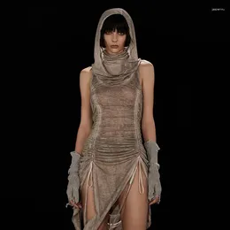 Casual Dresses NEONBABIPINK Trashy Y2k Turtleneck Hooded Slit Dress Sleeveless Drawstring Ruched Midi Fairy Grunge Rave Outfit N33-DC25