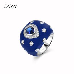 Boxes Laya Blue Sapphire Ring for Men Women Retro Shinning Zircon Synthetic Crystal Sterling Sier Classic Original Jewellery