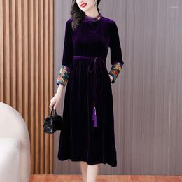 Casual Dresses 2024 Fashion Silk Dress Women's Autumn/Winter Vintage Versatile Velvet Purple Loose Fit Party Vestidos