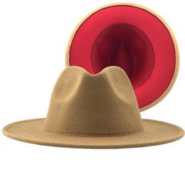 Trend Tan with Red Patchwork Plain Wool Felt Jazz Fedora Hats Men Women Wide Brim Panama Trilby Cowboy Cap for Party Q08056254467