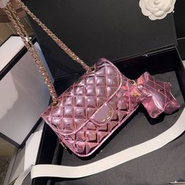 Shiny Pink Patent Leather Women Designer Shoulder Bag with Star Coin Purse Classic Flap Gold Metal Hardware Matelasse Chain 20x13cm 2in1 4 Colours Cross Body Handbag