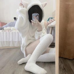 Women's Tracksuits Two-piece Clothing Lambswool Jacket Strapless Sheep Ears Pullover Shorts Korean Fashion White Hooded Kawaii Set