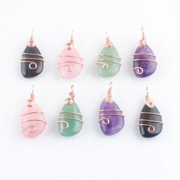 Whole Natural Stone Copper Wire Wrap Pendant Irregular Geometric Bead Amethyst Crystal Opal Rose Gold Color Dangle Charms Jewe231y