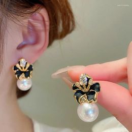 Dangle Earrings Luxury Flower Enamel Ear Studs Drop Oil Black Camellia Bauhinia Pearl Women Korean Style