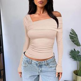 Women's Blouses Trendy One-shoulder Top Elegant Off Shoulder Ruched Long Sleeve Tops For Women Commuting Style Slim Fit Comfort Fashionable