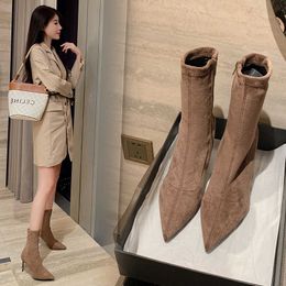 Short Boots Women's Pointed High Heel Shoes Thin Heels Slim Autumn and Winter New Medium Suede Elastic Single