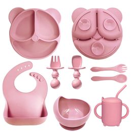 8PCS Baby Soft Silicone Bib Dish Suction Cup Bowl Dinner Plate Fork Spoon Set Non-slip Food-grade Silicone Kids Cutlery BPA Free 231229