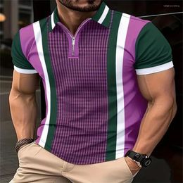 Men's Polos Mens Zipper Polo Shirt Striped Short Sleeve Colorful 3d Printed Tops Tees Casual T-Shirt 2024 Summer Male Clothing 3xl