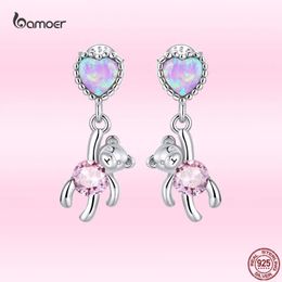 Bangle Bamoer 100% Sterling Sier Love Ear Studs Earrings for Women Cute Pink Bear Pendent Drop Earrings Fine Jewellery Wholesale