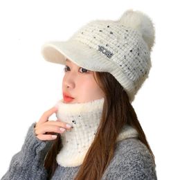 Winter Visor Hats Women Mixed Colour knit Beanie Skullies Hat Female Thick Velvet Hair Ball Warm Bonnet Caps Bib Set 231229