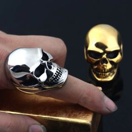 Mens 14K White Gold Skull Rings Silver-Color Gothic Biker Jewelry Big Motorcycle for Man